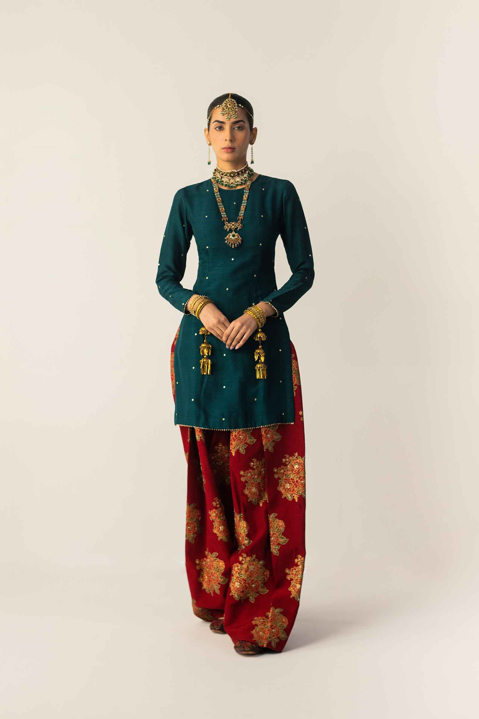 Pakistani Deep Teal Zardozi Raw Silk Salwar Kameez (3-Piece) - Image 3
