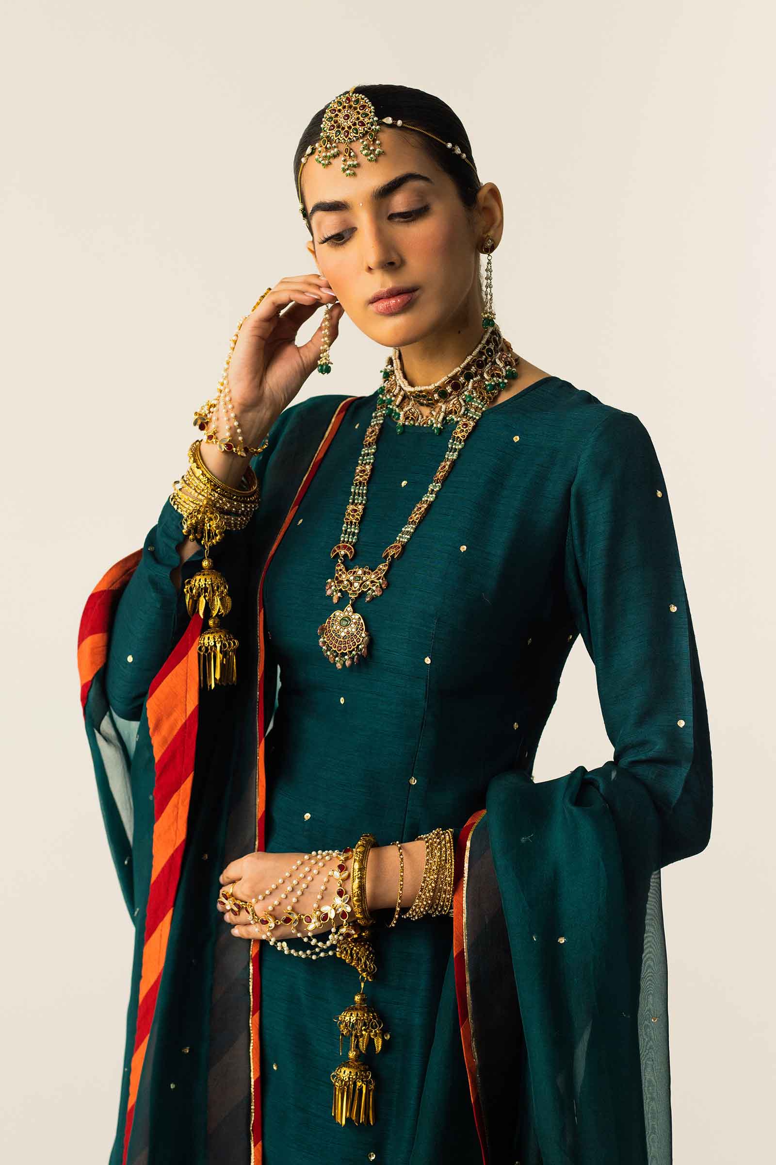 Pakistani Deep Teal Zardozi Raw Silk Salwar Kameez (3-Piece) - Image 5