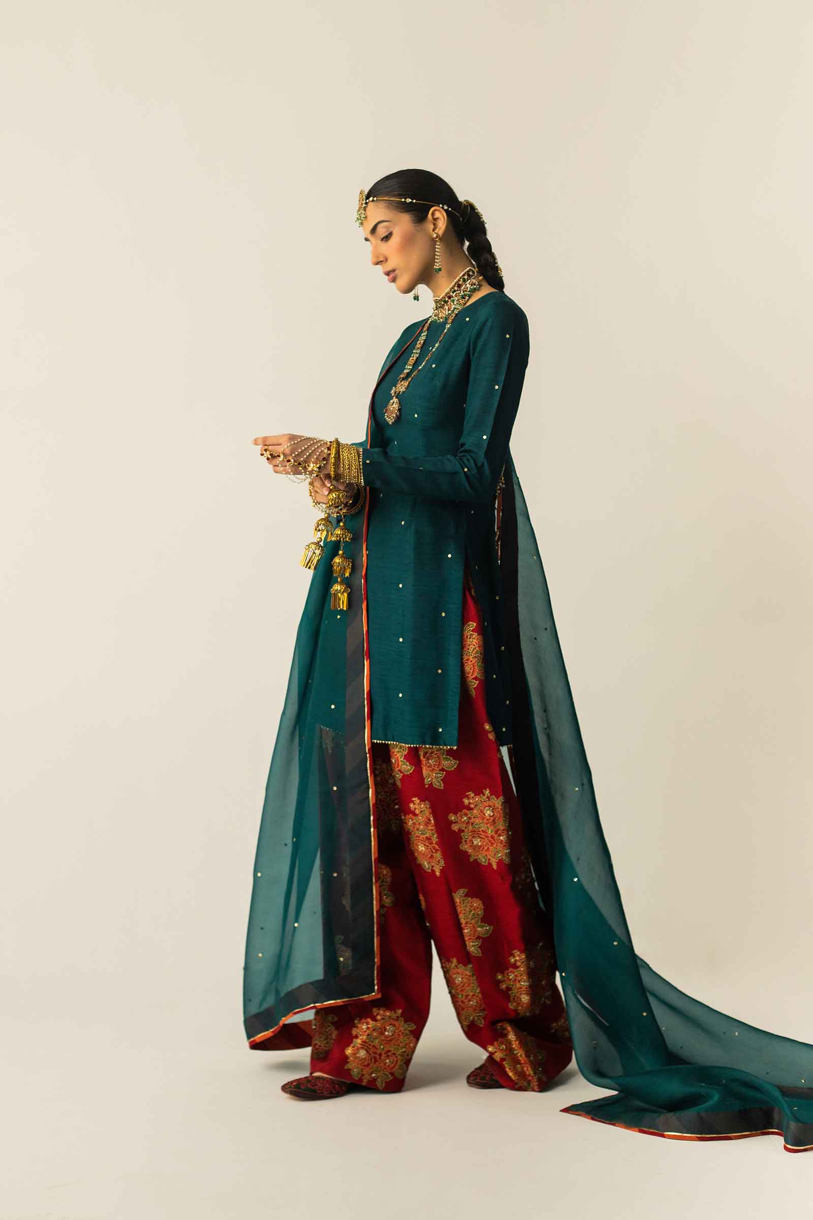 Pakistani Deep Teal Zardozi Raw Silk Salwar Kameez (3-Piece) - Image 8