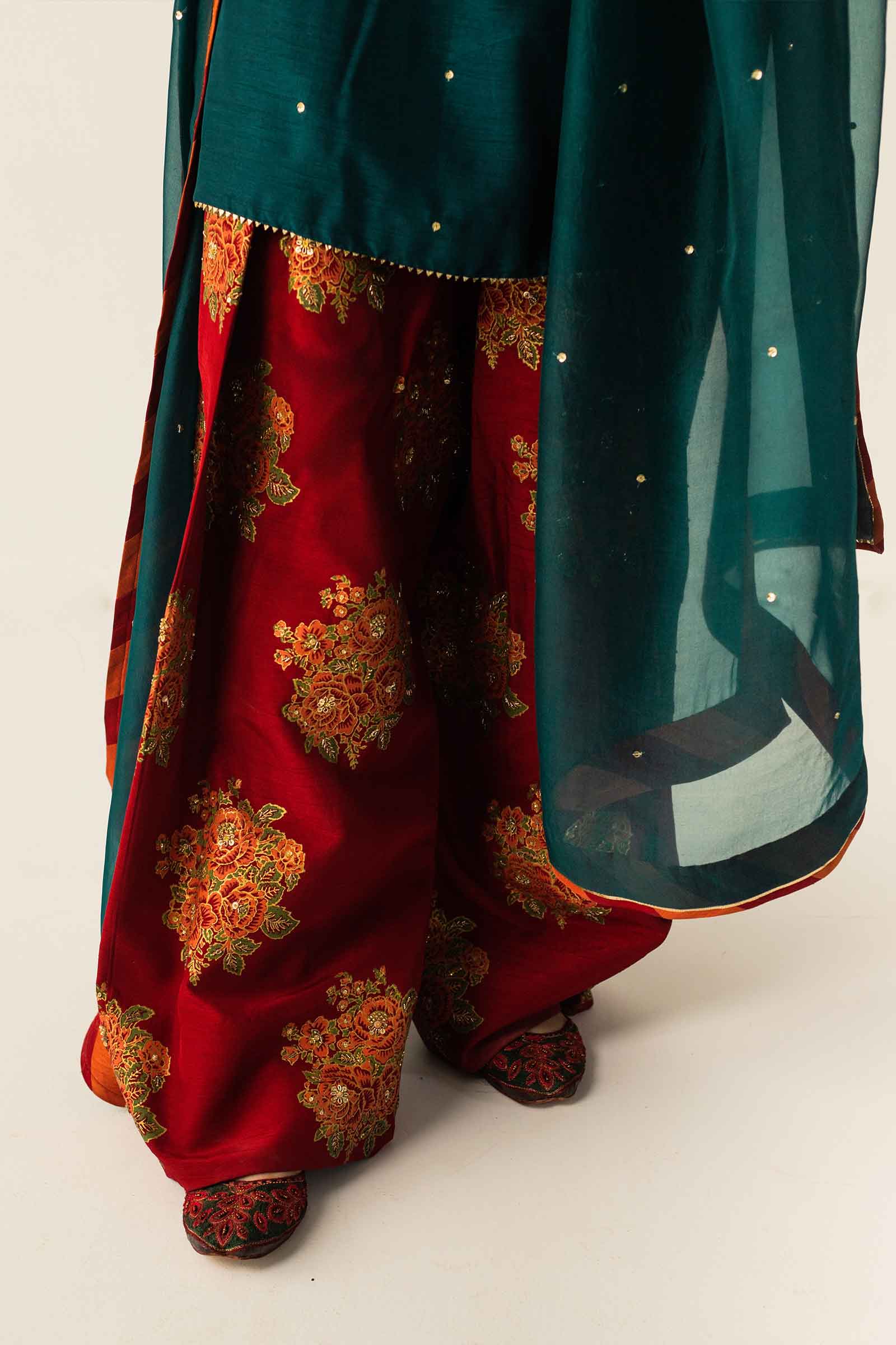 Pakistani Deep Teal Zardozi Raw Silk Salwar Kameez (3-Piece) - Image 9