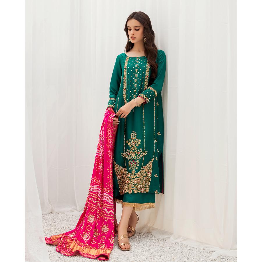 Emerald Green Zardozi & Kundan Raw Silk Long Shirt (3-Piece) - Image 1