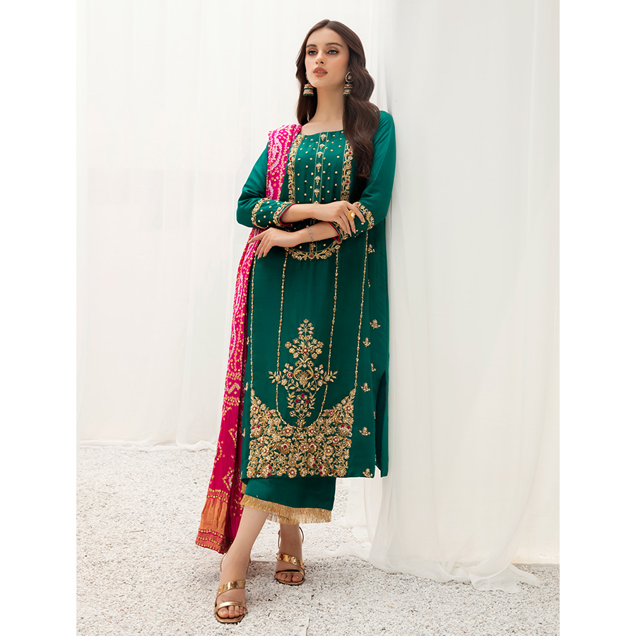 Emerald Green Zardozi & Kundan Raw Silk Long Shirt (3-Piece) - Image 2