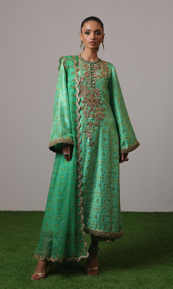 Green Zardozi Raw Silk Salwar Kameez (3-Piece) - Image 2