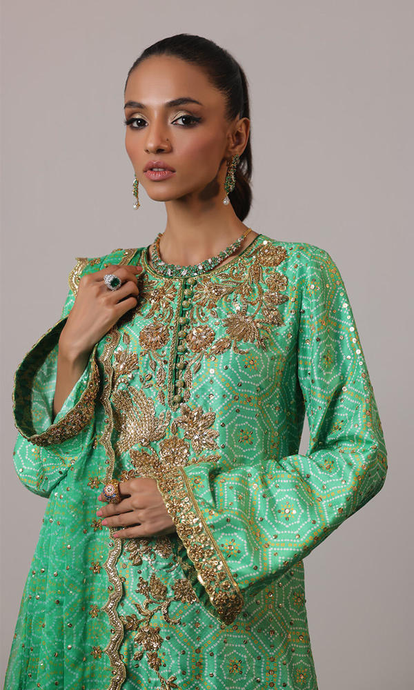 Green Zardozi Raw Silk Salwar Kameez (3-Piece) - Image 3