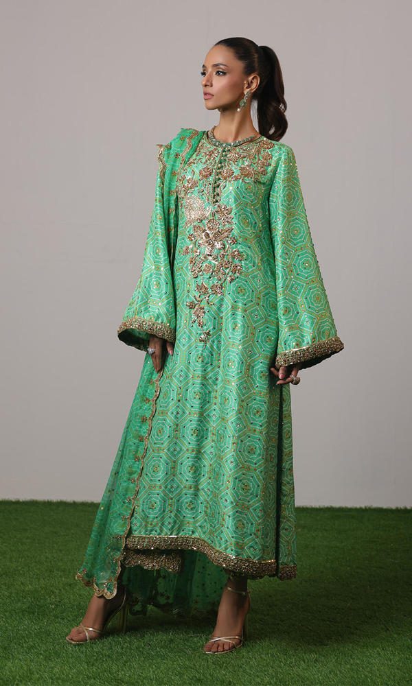 Green Zardozi Raw Silk Salwar Kameez (3-Piece) - Image 4