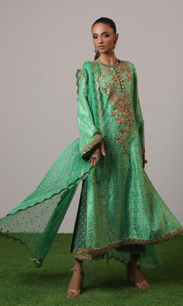 Green Zardozi Raw Silk Salwar Kameez (3-Piece) - Image 5