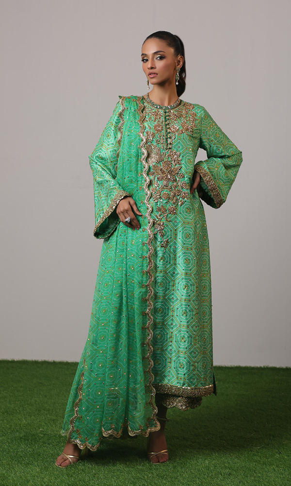 Green Zardozi Raw Silk Salwar Kameez (3-Piece) - Image 6