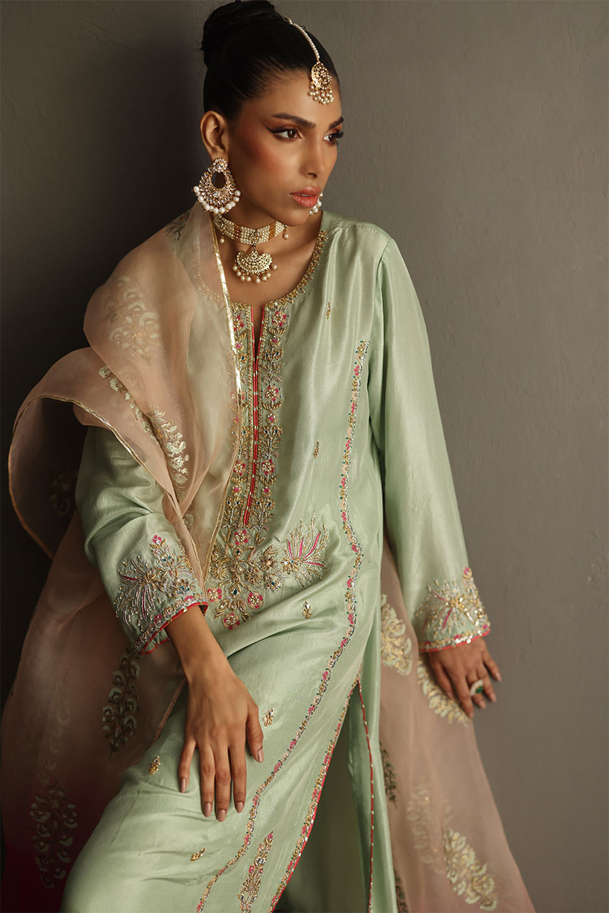 Pakistani Sage Green Zardozi Raw Silk Salwar Kameez (3-Piece) - Image 2