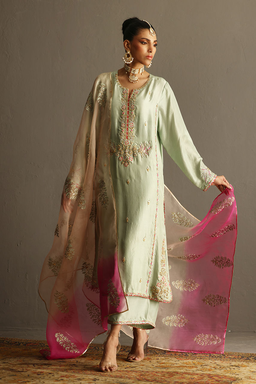 Pakistani Sage Green Zardozi Raw Silk Salwar Kameez (3-Piece) - Image 3