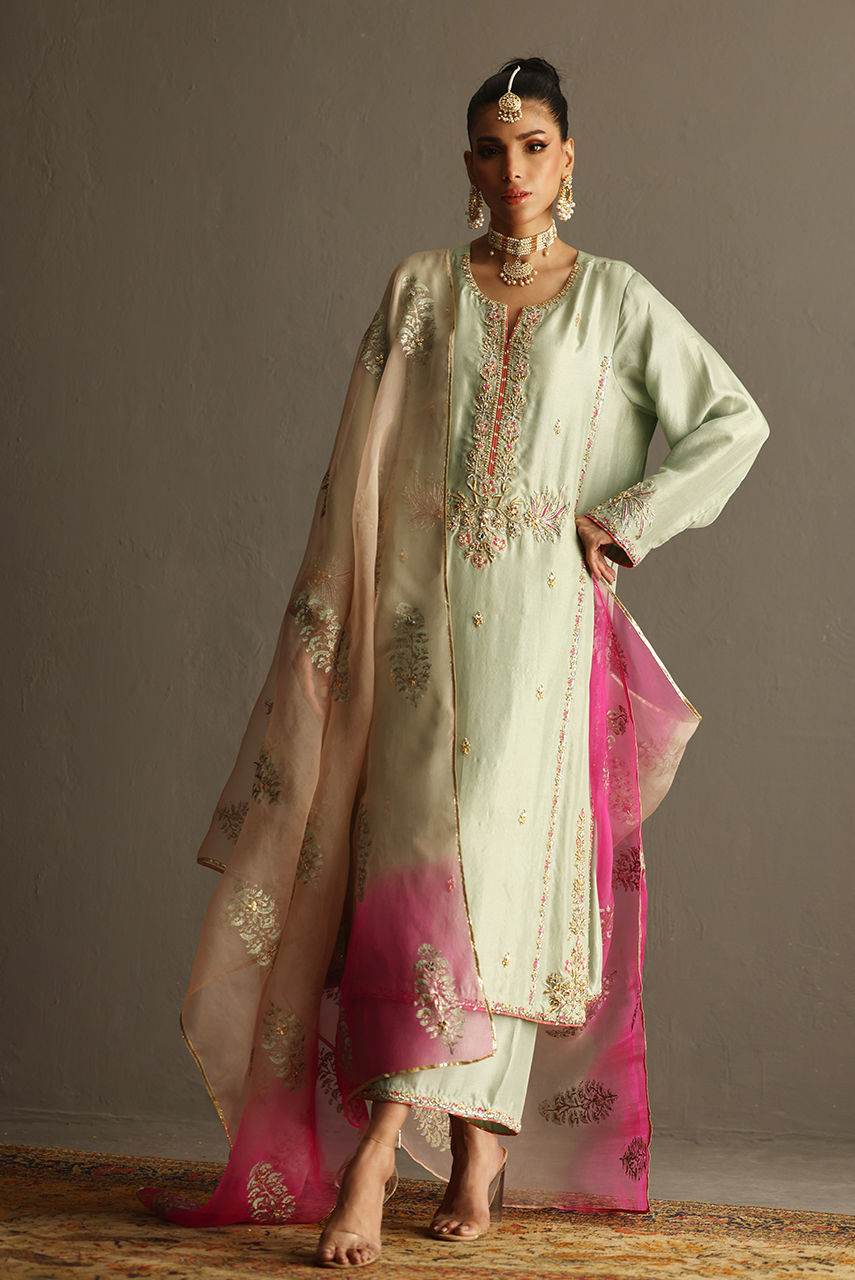 Pakistani Sage Green Zardozi Raw Silk Salwar Kameez (3-Piece) - Image 4