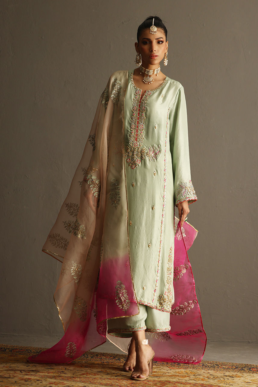 Pakistani Sage Green Zardozi Raw Silk Salwar Kameez (3-Piece) - Image 5