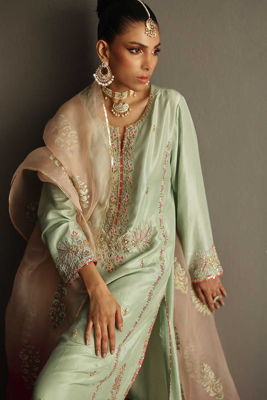 Pakistani Sage Green Zardozi Raw Silk Salwar Kameez (3-Piece) - Image 6