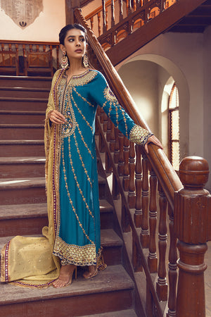 Pakistani Teal Zardozi & Resham Raw Silk Salwar Kameez (3-Piece) - Image 1