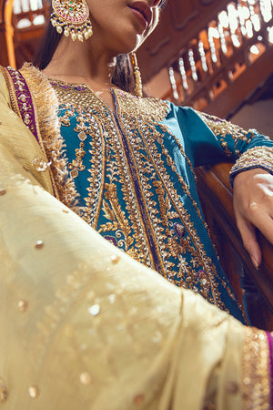 Pakistani Teal Zardozi & Resham Raw Silk Salwar Kameez (3-Piece) - Image 2
