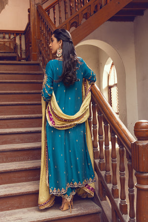 Pakistani Teal Zardozi & Resham Raw Silk Salwar Kameez (3-Piece) - Image 5