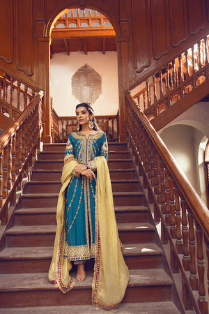 Pakistani Teal Zardozi & Resham Raw Silk Salwar Kameez (3-Piece) - Image 6