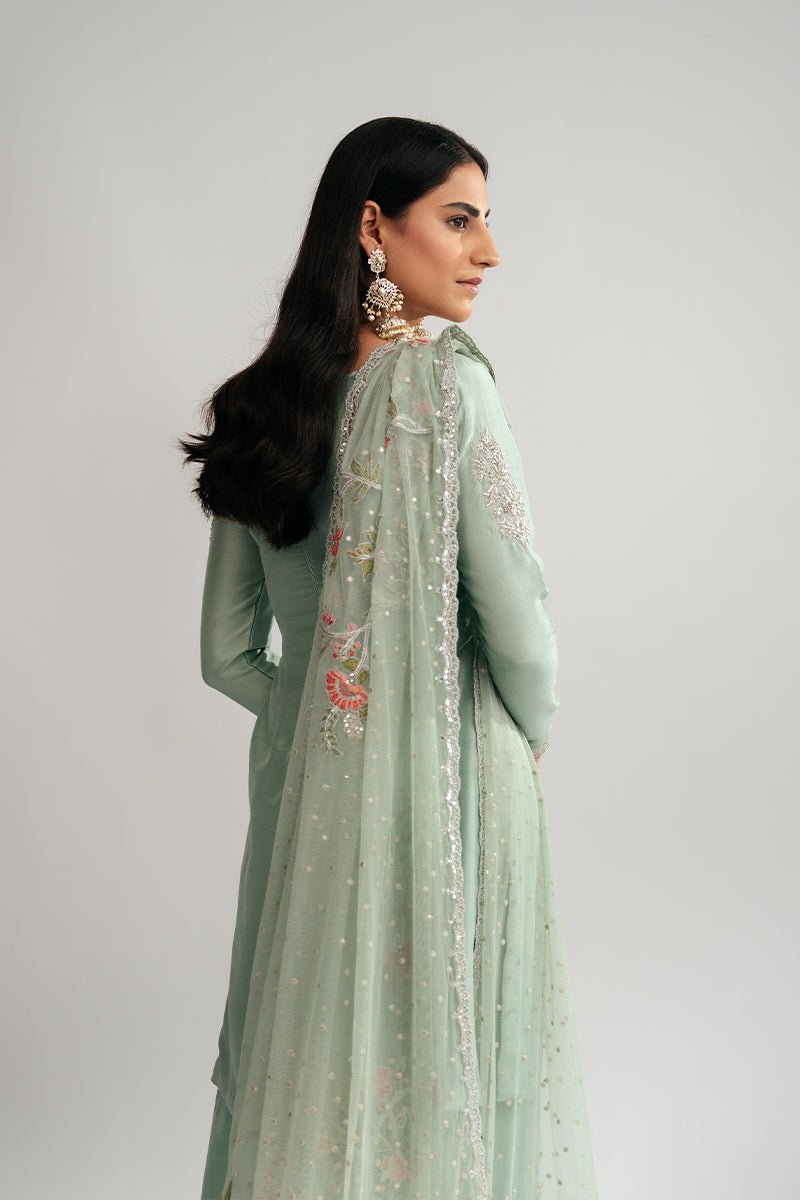Pakistani Pastel Jade Zardozi Raw Silk Patiala Set (3-Piece) - Image 10