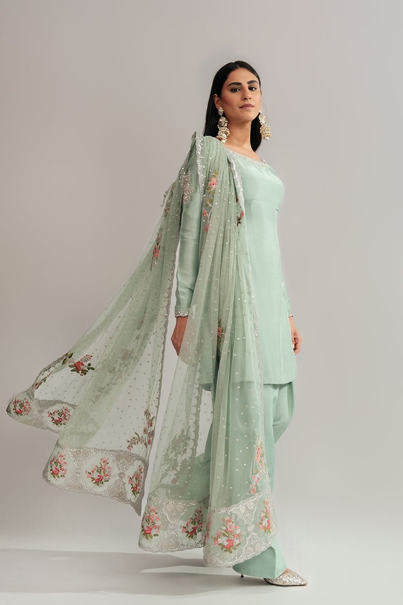 Pakistani Pastel Jade Zardozi Raw Silk Patiala Set (3-Piece) - Image 2