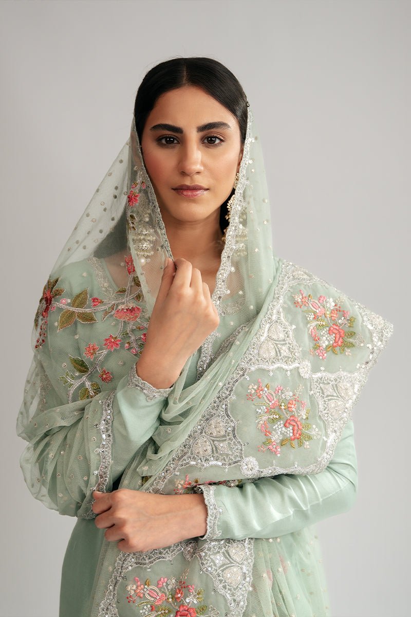Pakistani Pastel Jade Zardozi Raw Silk Patiala Set (3-Piece) - Image 3