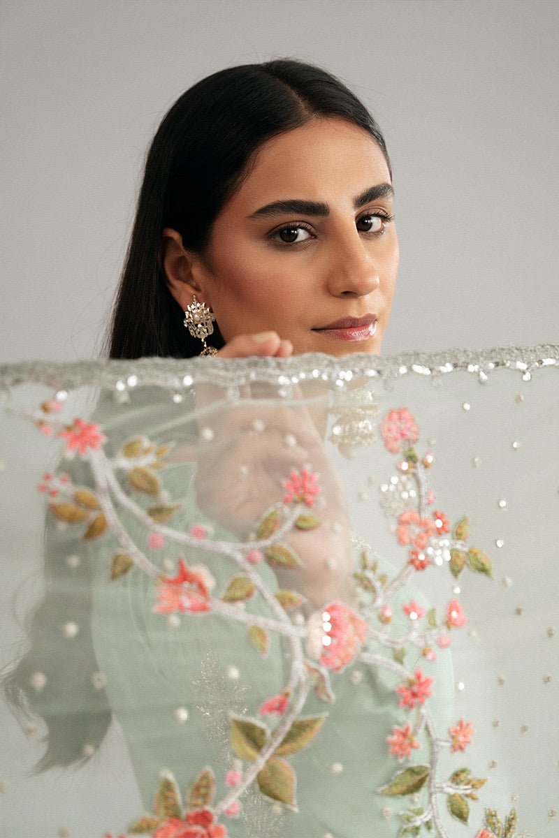 Pakistani Pastel Jade Zardozi Raw Silk Patiala Set (3-Piece) - Image 4