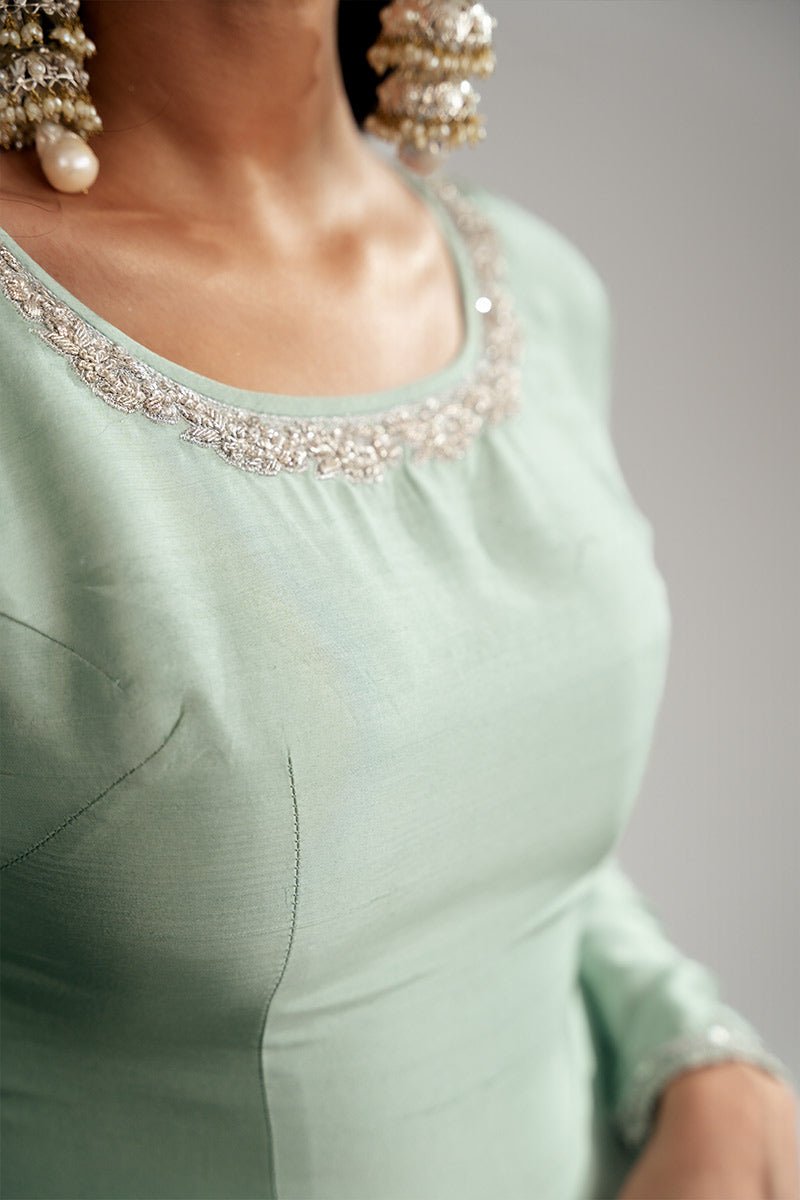 Pakistani Pastel Jade Zardozi Raw Silk Patiala Set (3-Piece) - Image 5