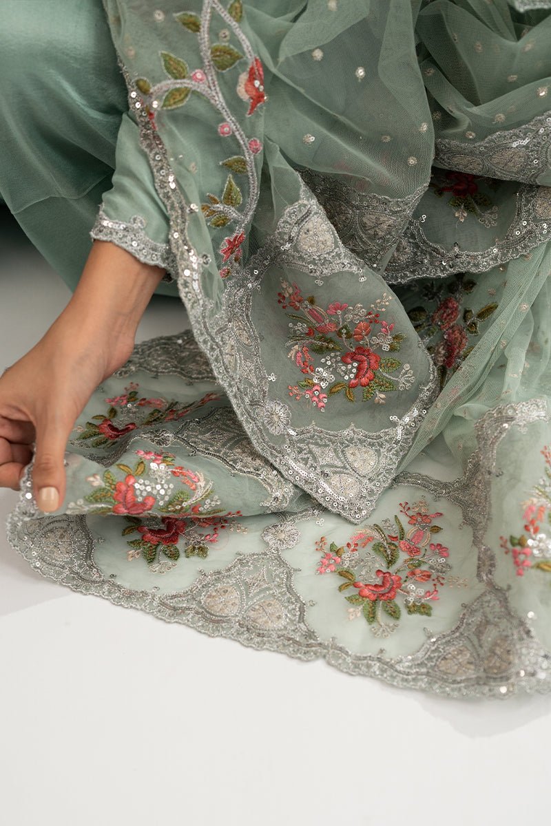 Pakistani Pastel Jade Zardozi Raw Silk Patiala Set (3-Piece) - Image 7
