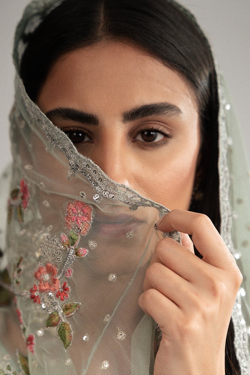 Pakistani Pastel Jade Zardozi Raw Silk Patiala Set (3-Piece) - Image 8