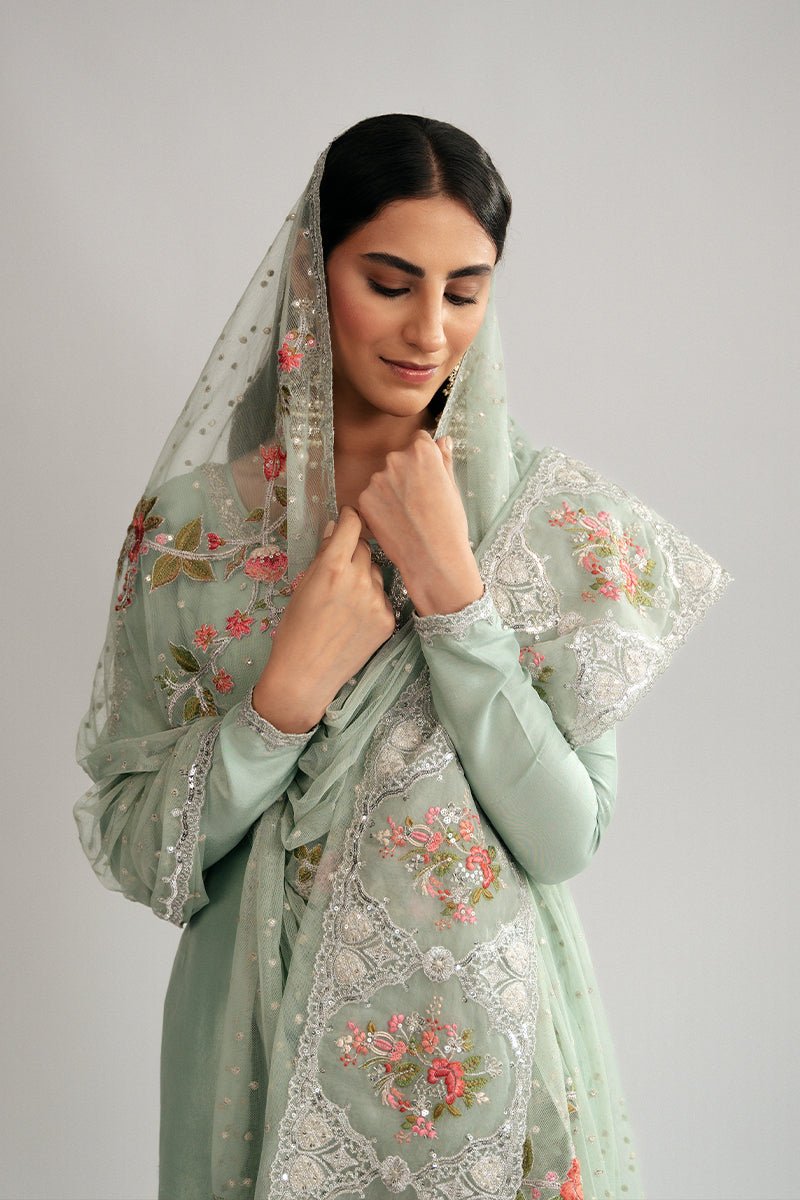 Pakistani Pastel Jade Zardozi Raw Silk Patiala Set (3-Piece) - Image 9