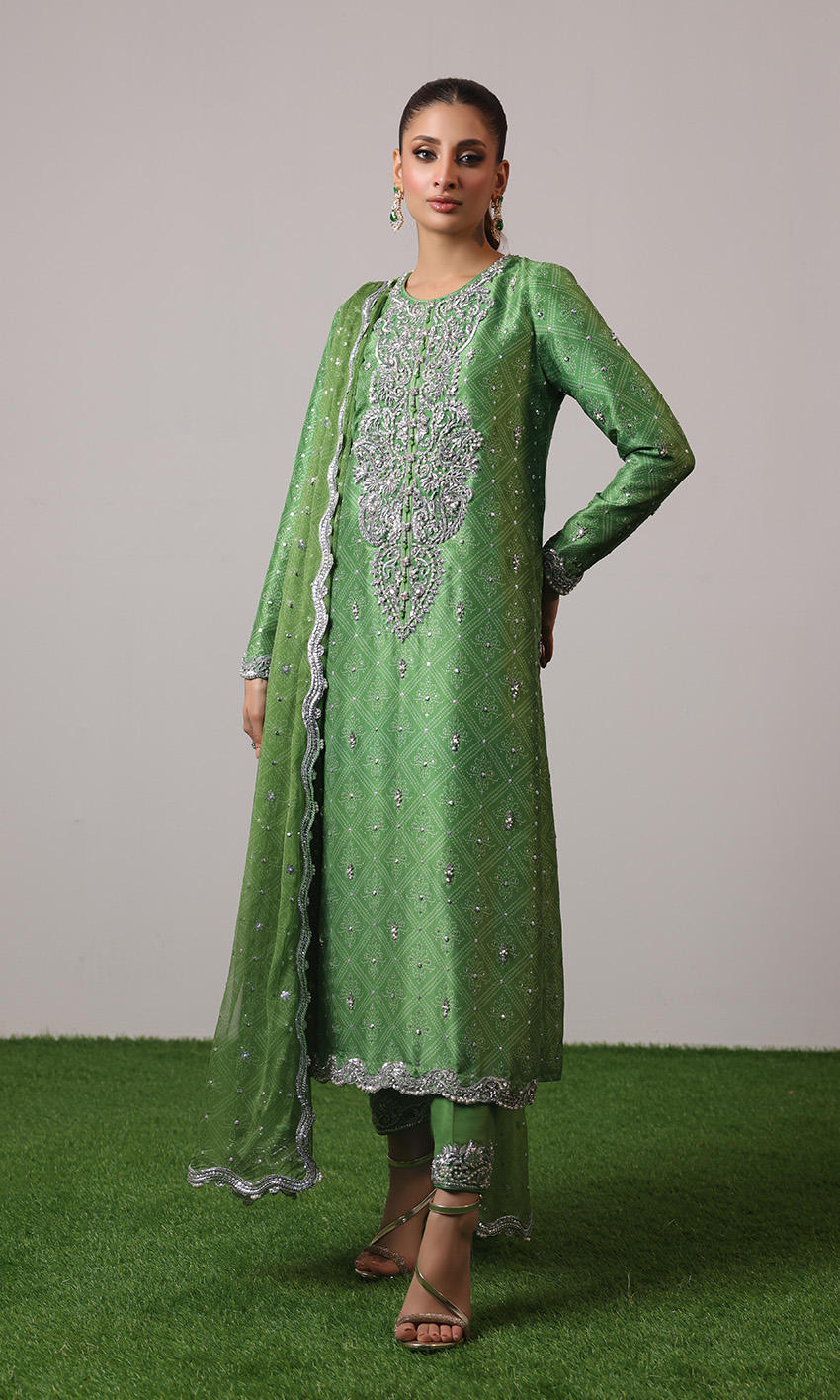 Soft Green Zardozi Raw Silk Salwar Kameez (3-Piece) - Image 1