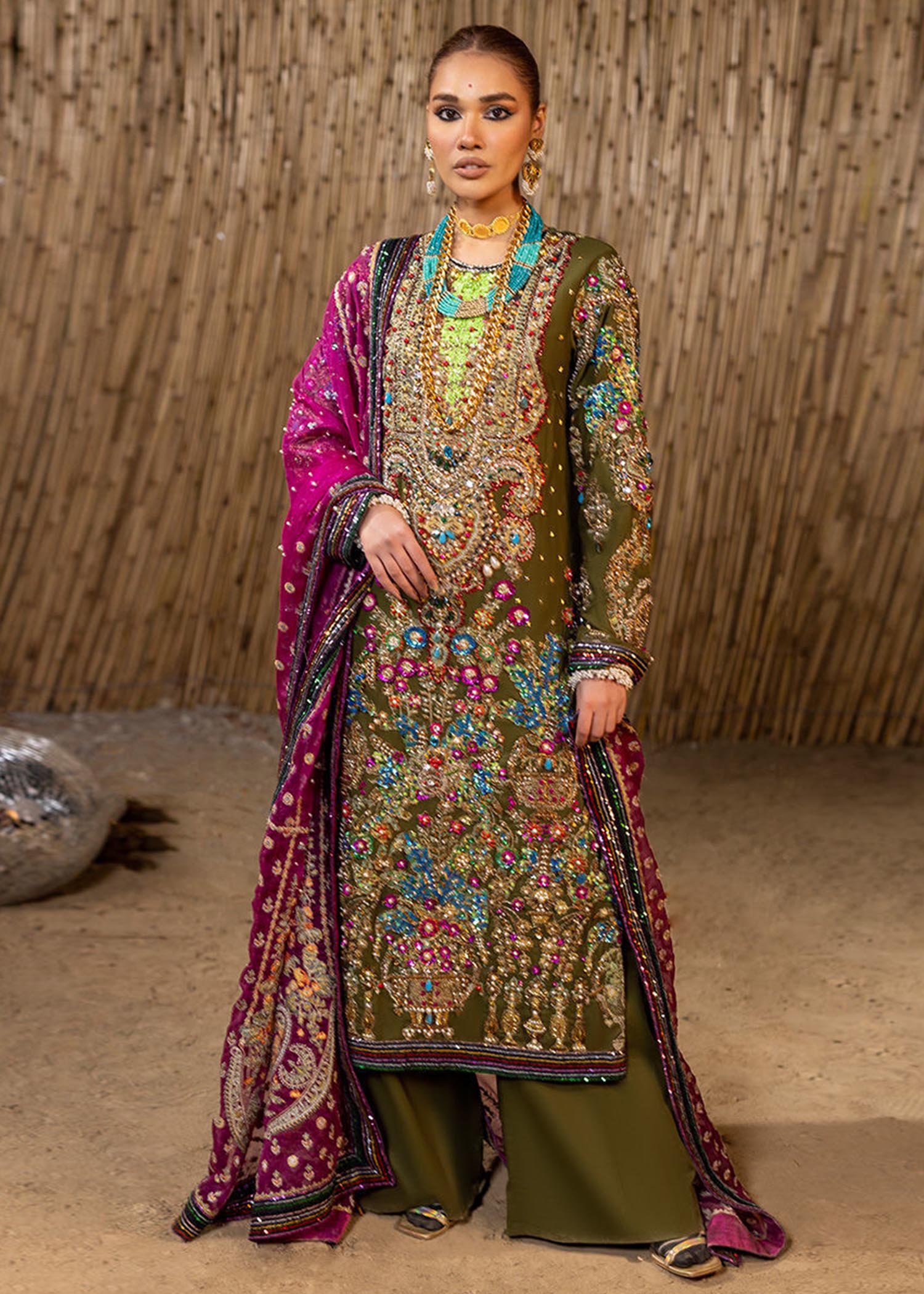 Dry Mehendi Green Embroidered Raw Silk Salwar Kameez (3-Piece) - Image 1