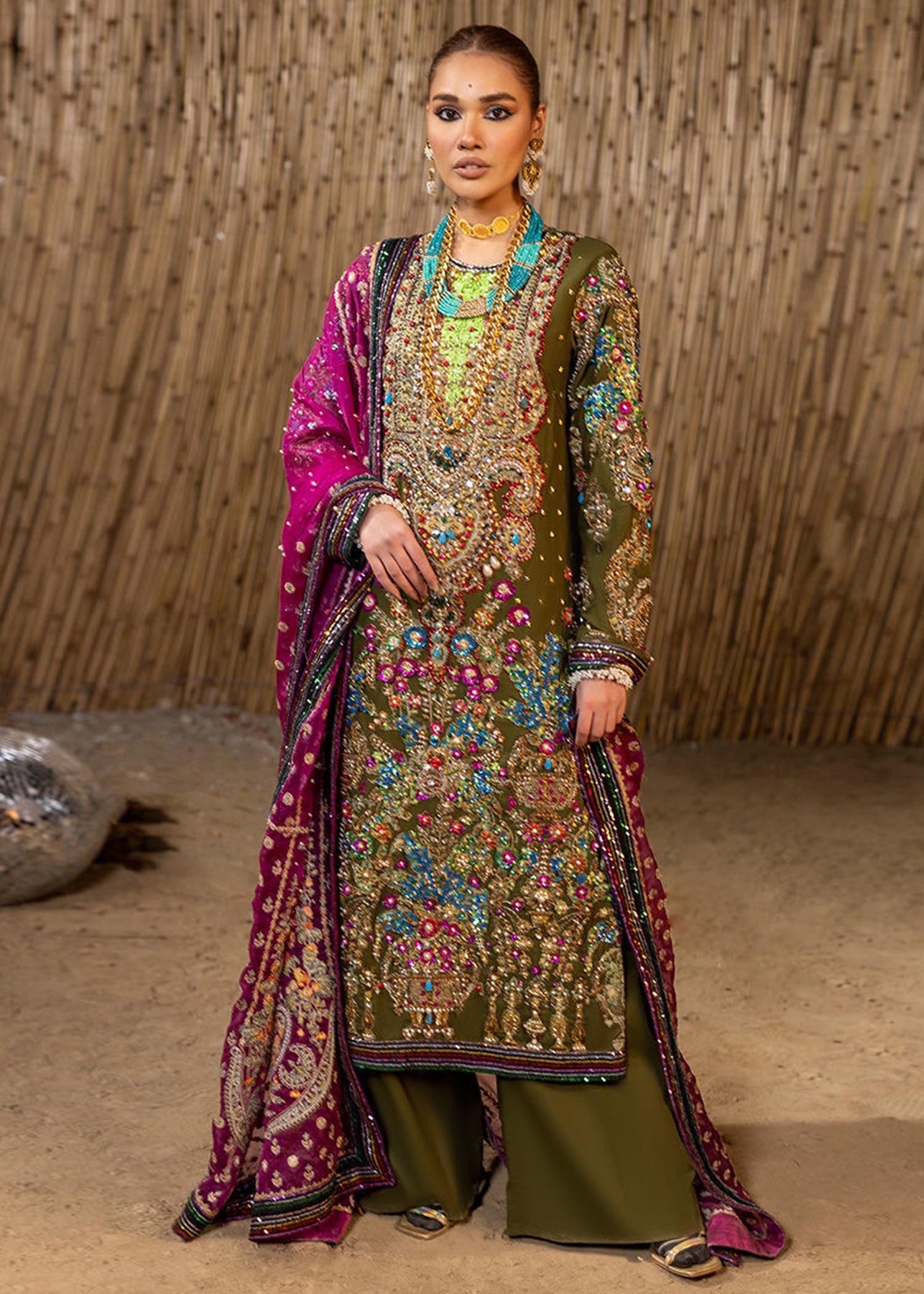 Dry Mehendi Green Embroidered Raw Silk Salwar Kameez (3-Piece) - Image 2