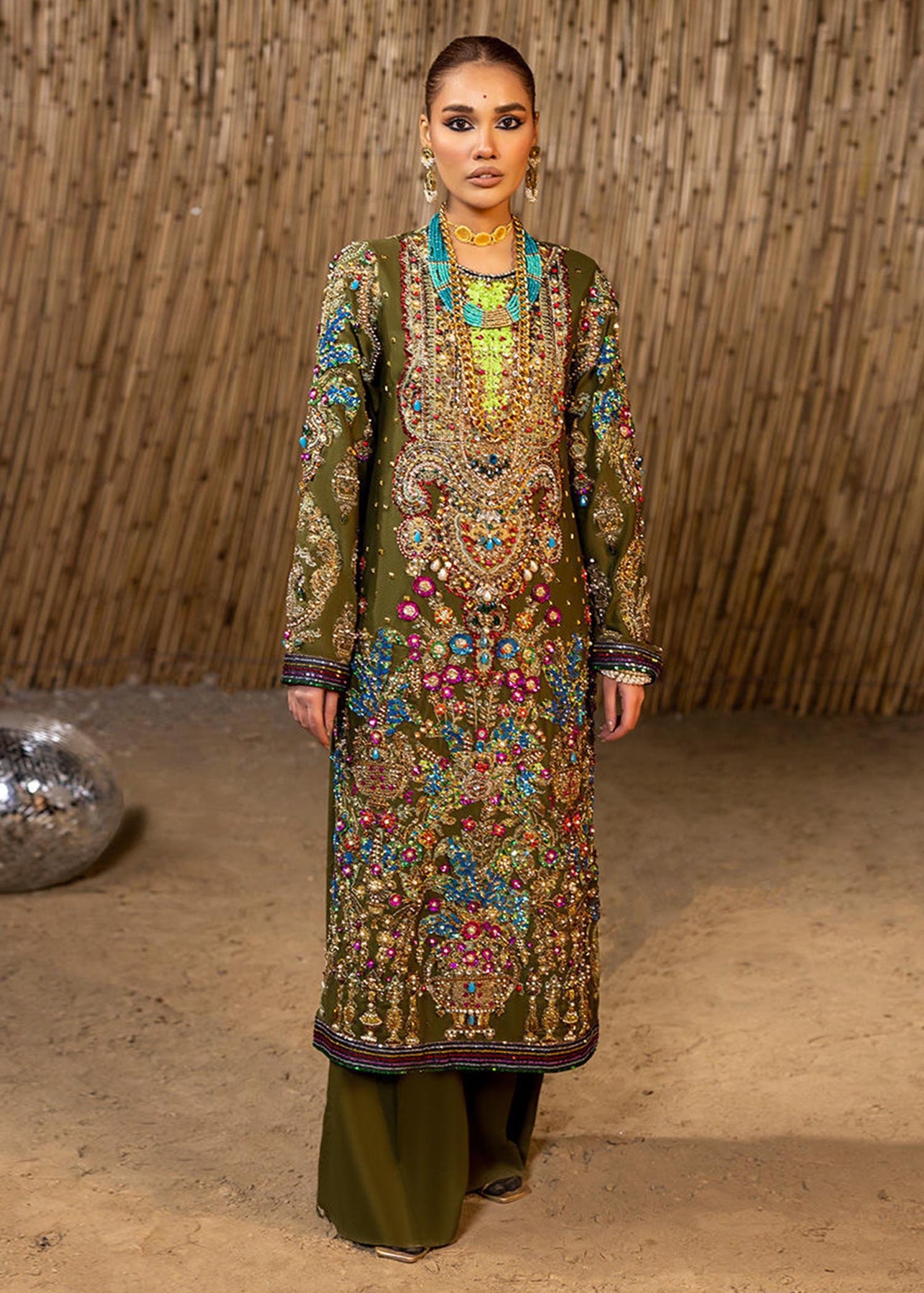 Dry Mehendi Green Embroidered Raw Silk Salwar Kameez (3-Piece) - Image 3