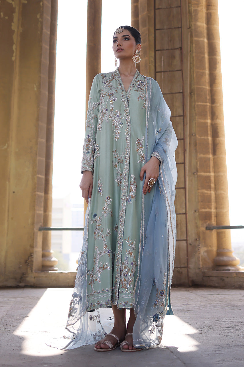 Mint Zardozi Raw Silk Choga & Izaar (3-Piece) - Image 1
