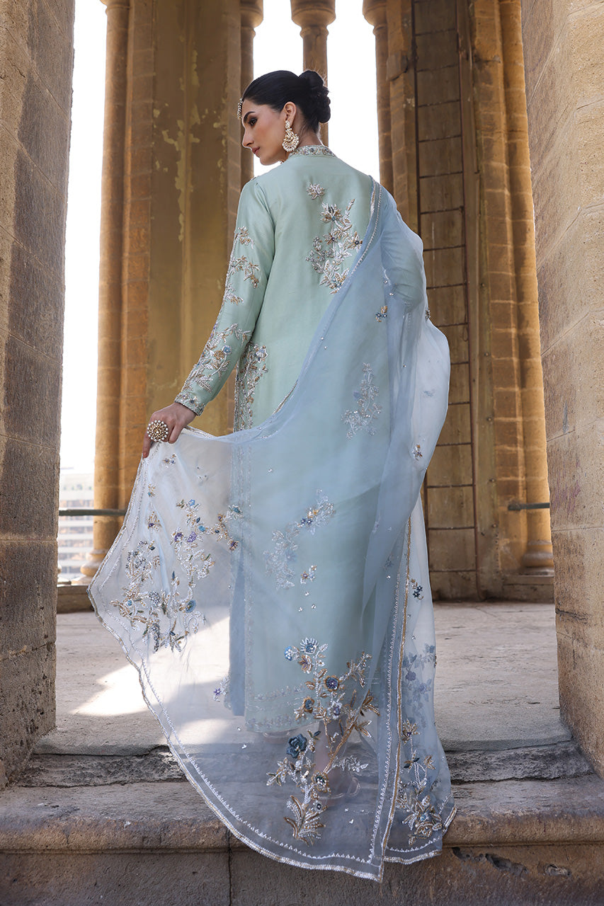 Mint Zardozi Raw Silk Choga & Izaar (3-Piece) - Image 2