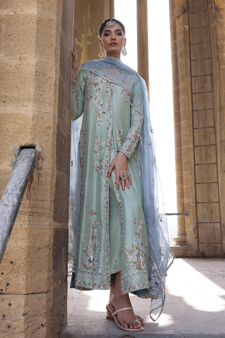 Mint Zardozi Raw Silk Choga & Izaar (3-Piece) - Image 4