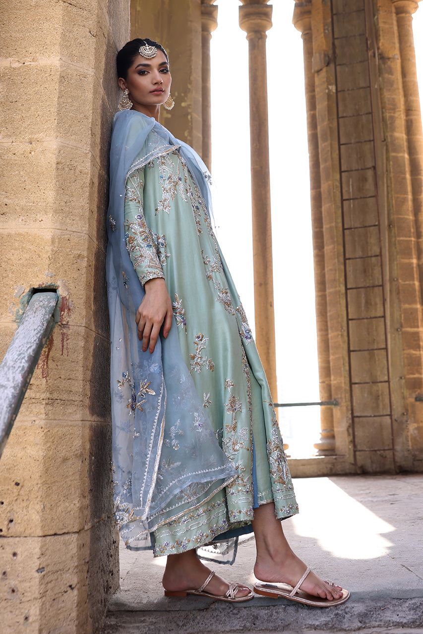 Mint Zardozi Raw Silk Choga & Izaar (3-Piece) - Image 5