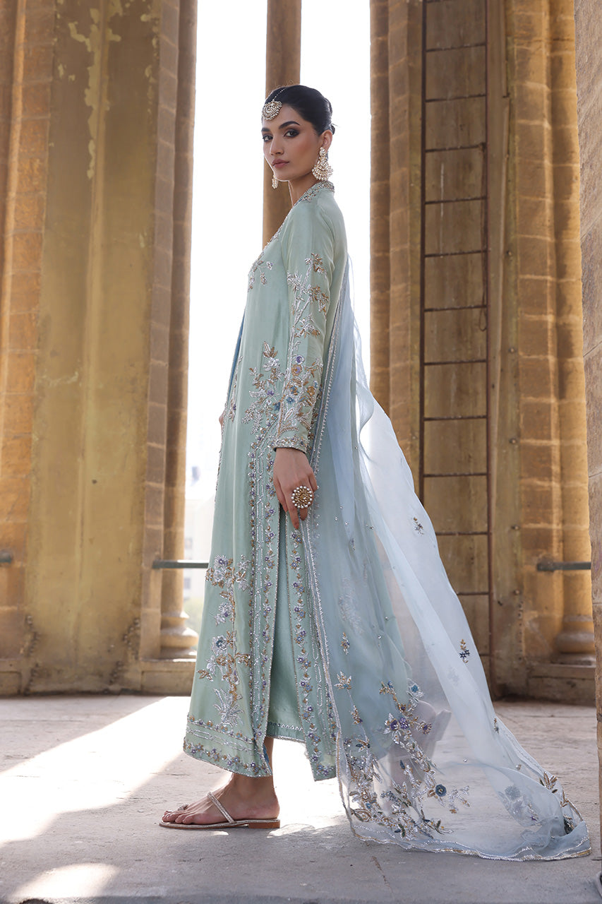 Mint Zardozi Raw Silk Choga & Izaar (3-Piece) - Image 6