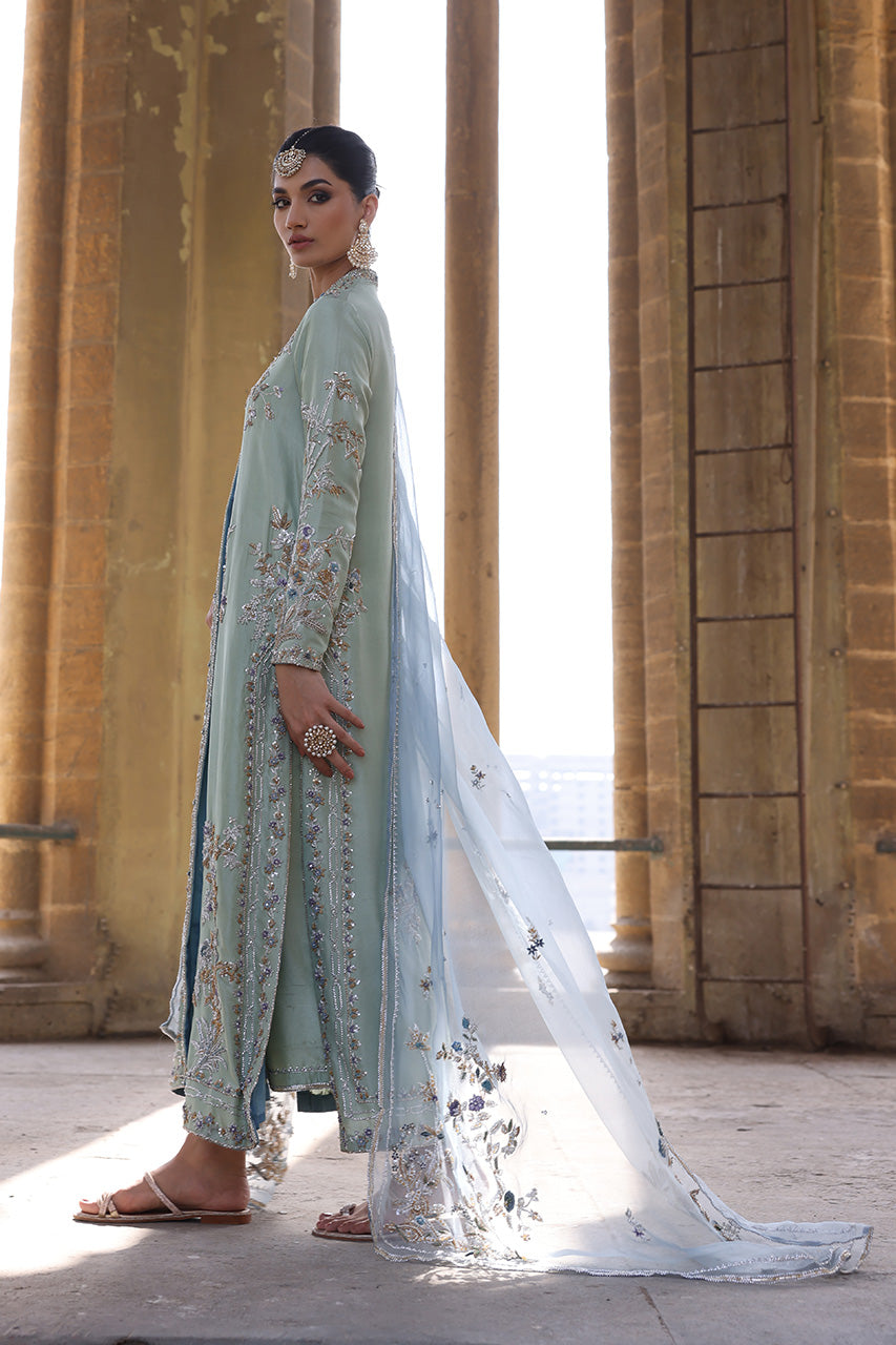 Mint Zardozi Raw Silk Choga & Izaar (3-Piece) - Image 7