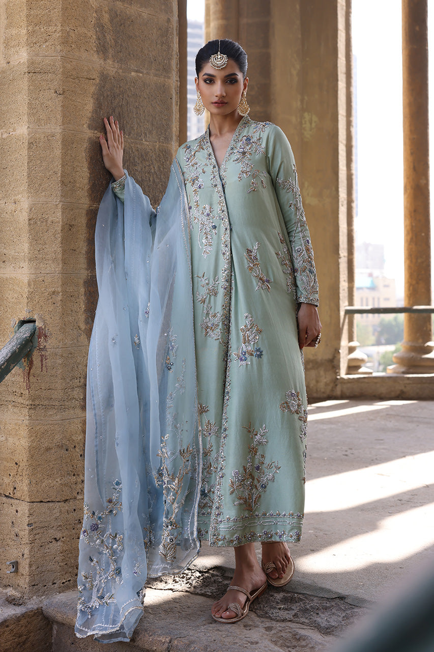 Mint Zardozi Raw Silk Choga & Izaar (3-Piece) - Image 8