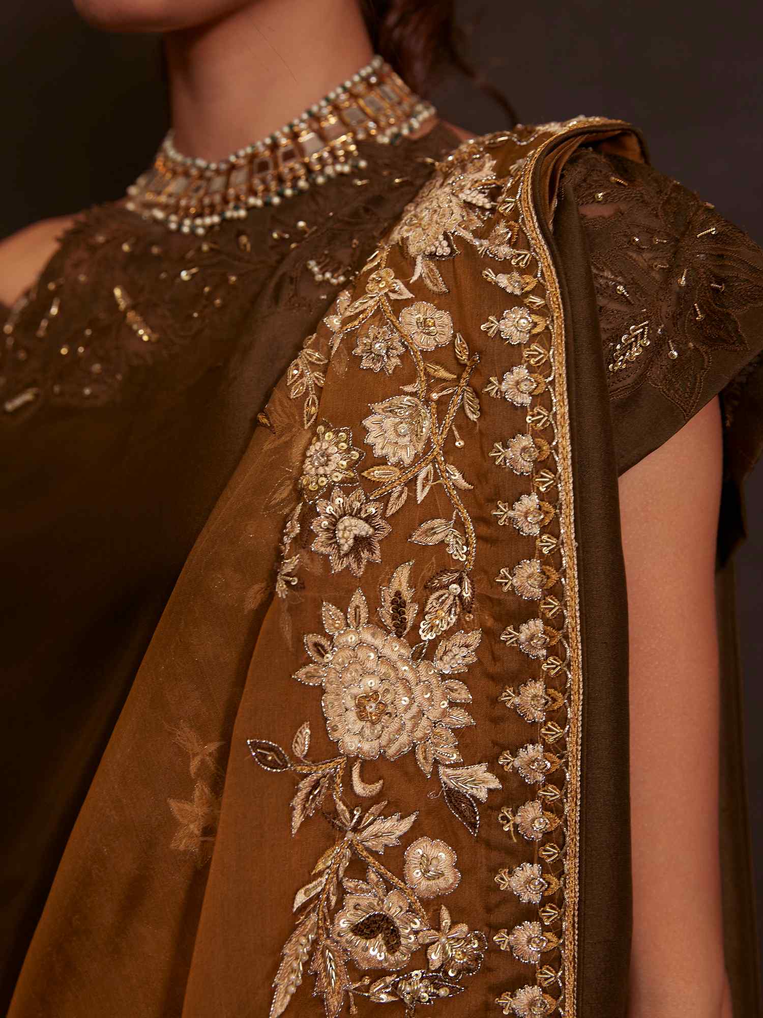 Pakistani Olive Green Zardozi Raw Silk Salwar Kameez (3-Piece) - Image 2