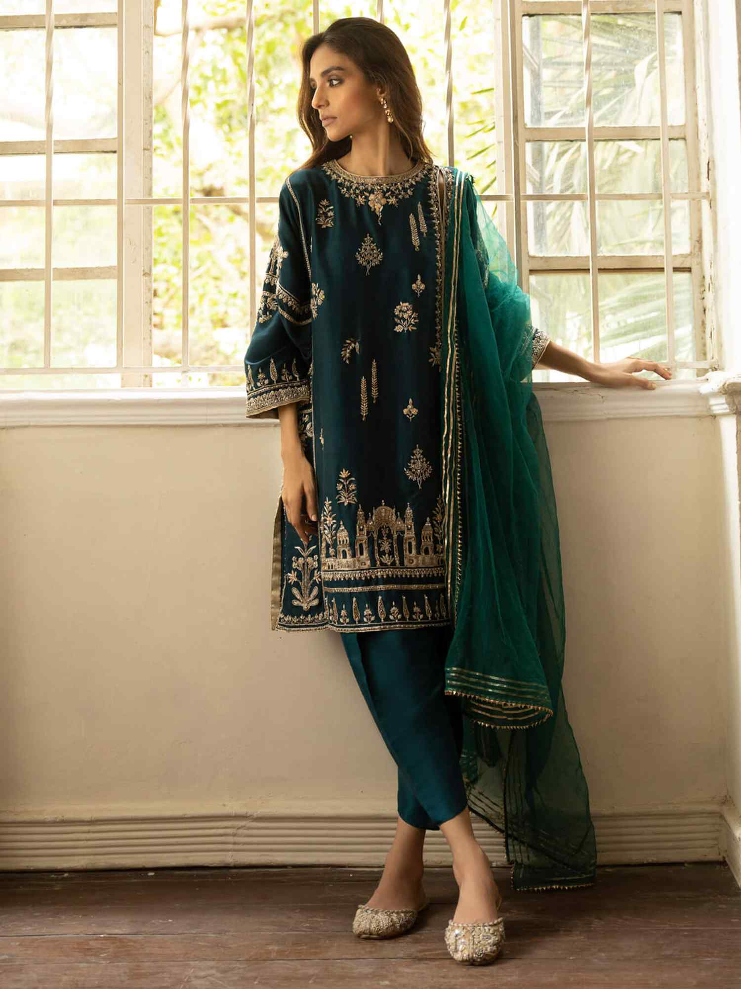 Pakistani Teal Resham Zardozi Raw Silk Salwar Kameez (3-Piece) - Image 1