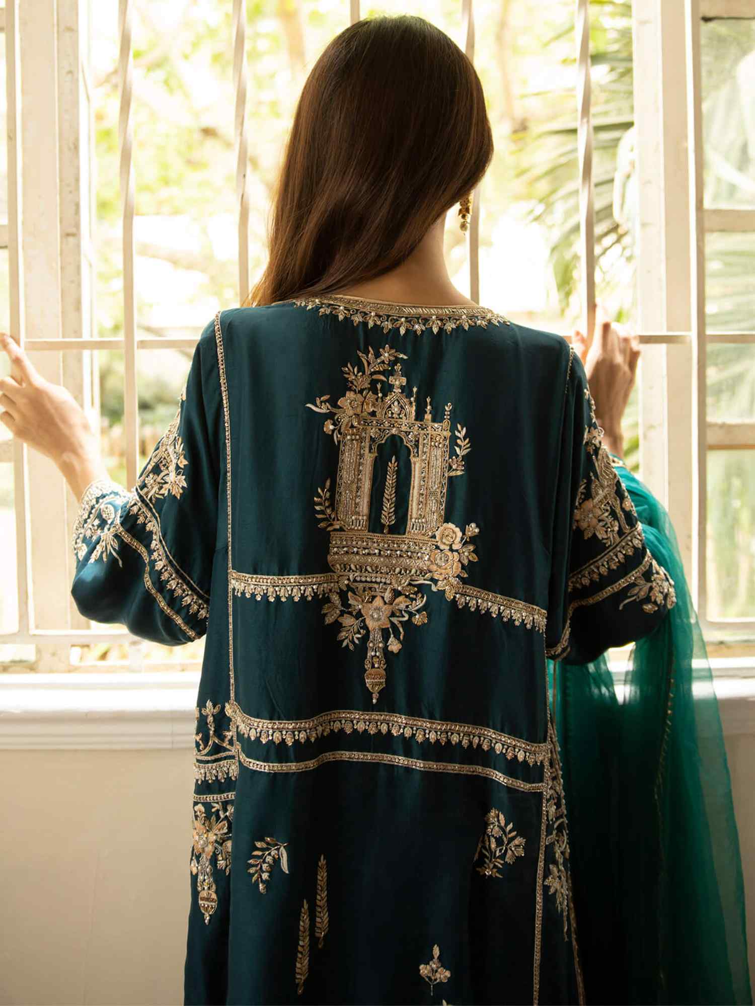 Pakistani Teal Resham Zardozi Raw Silk Salwar Kameez (3-Piece) - Image 2