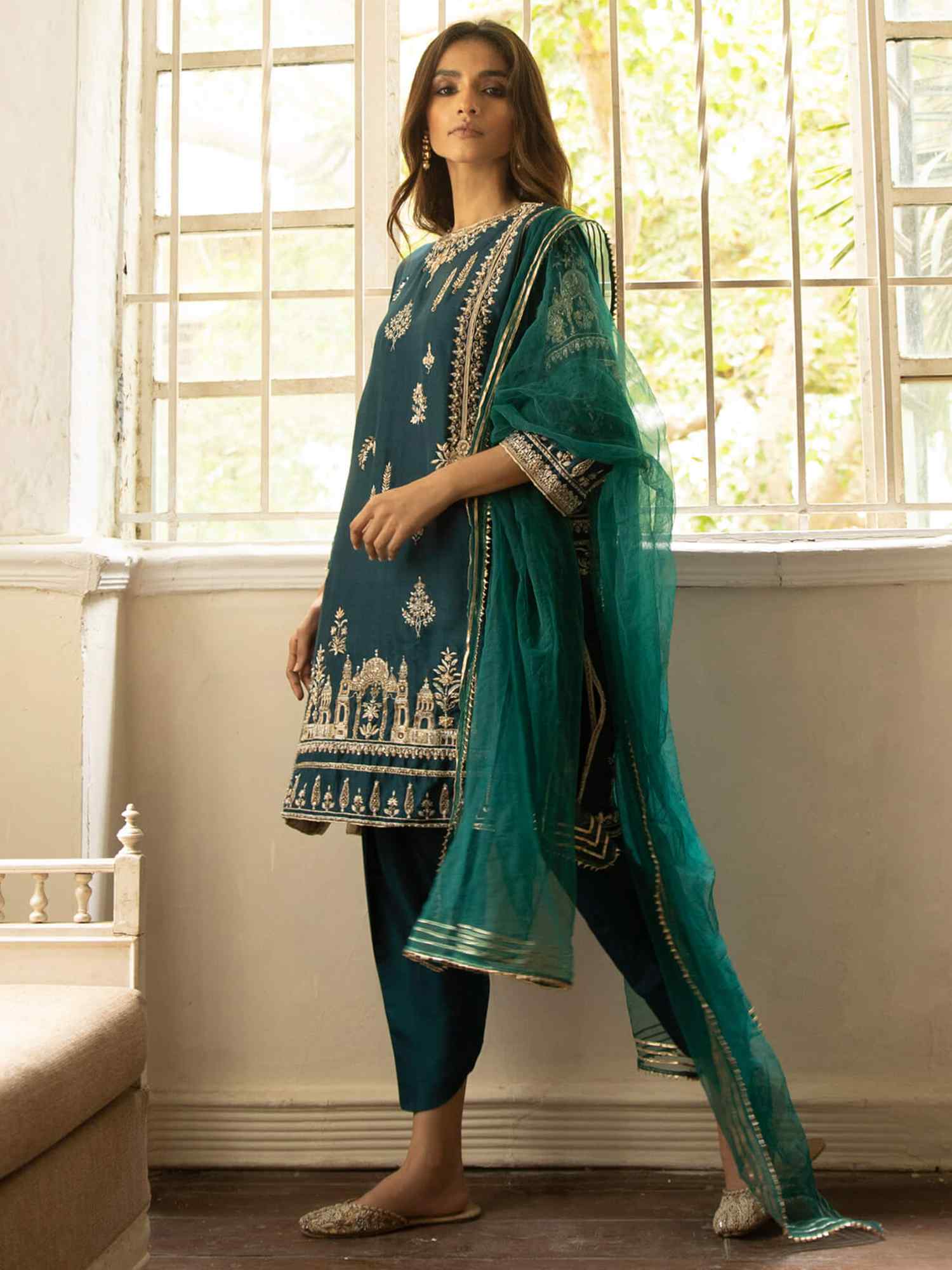 Pakistani Teal Resham Zardozi Raw Silk Salwar Kameez (3-Piece) - Image 3