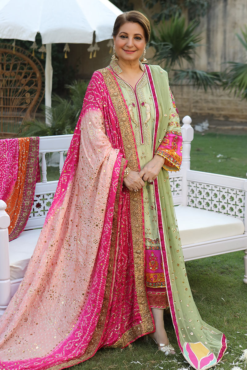 Pistachio Green Embroidered Silk Salwar Kameez (3-Piece) - Image 1