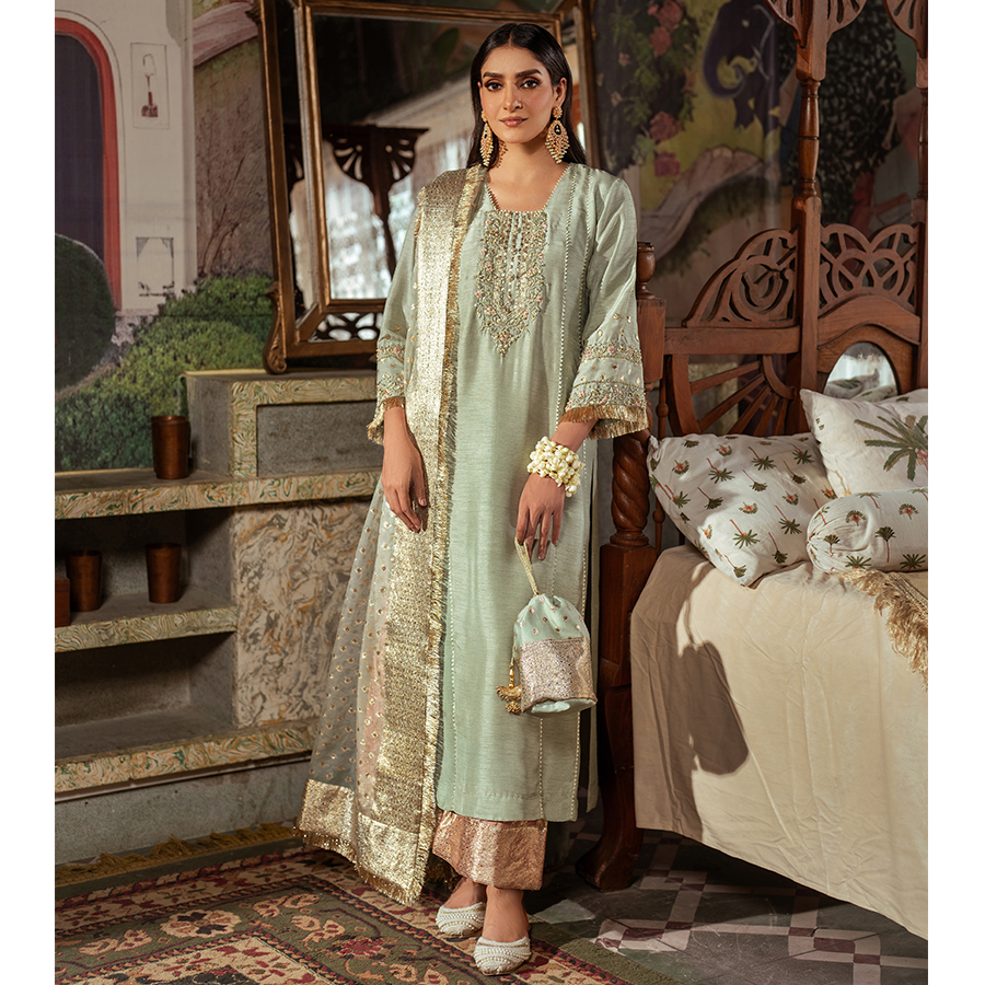 Pakistani Pistachio & Blush Embellished Korean Raw Silk Salwar Kameez (4-Piece) - Image 1