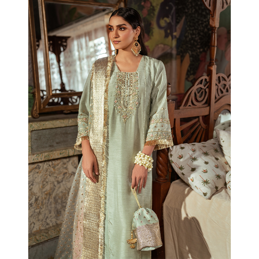 Pakistani Pistachio & Blush Embellished Korean Raw Silk Salwar Kameez (4-Piece) - Image 2