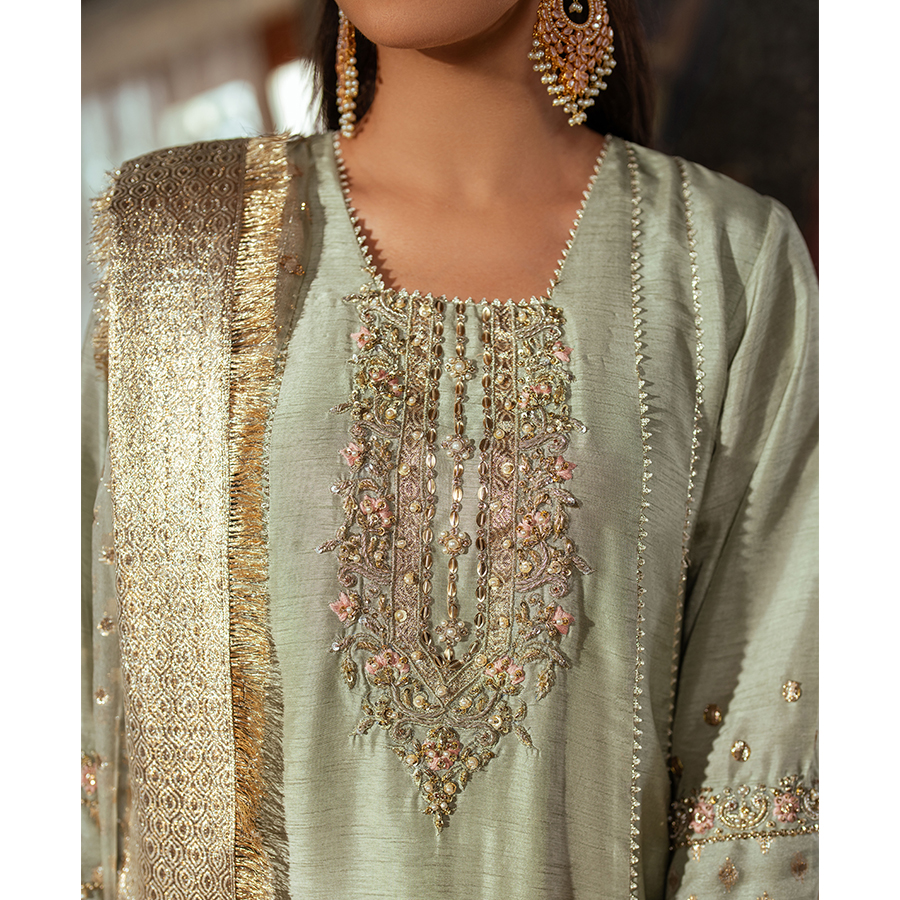 Pakistani Pistachio & Blush Embellished Korean Raw Silk Salwar Kameez (4-Piece) - Image 3