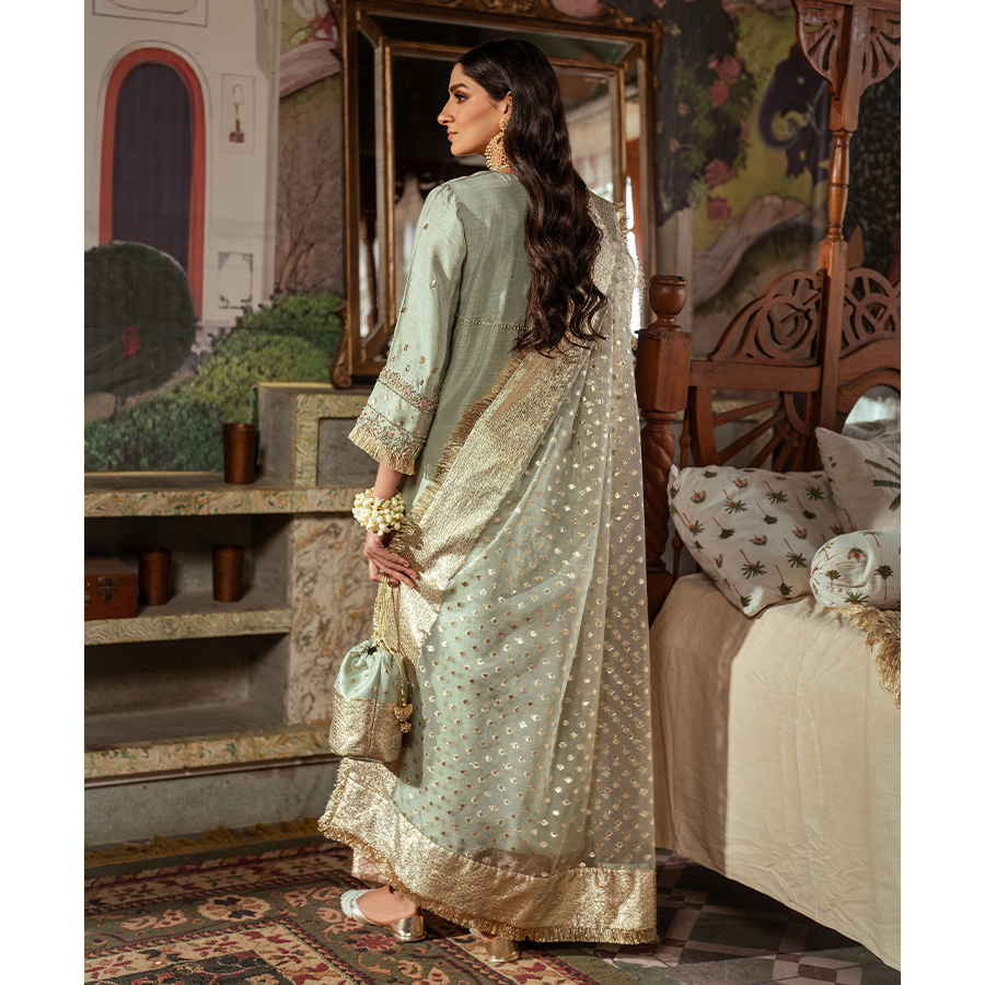 Pakistani Pistachio & Blush Embellished Korean Raw Silk Salwar Kameez (4-Piece) - Image 4