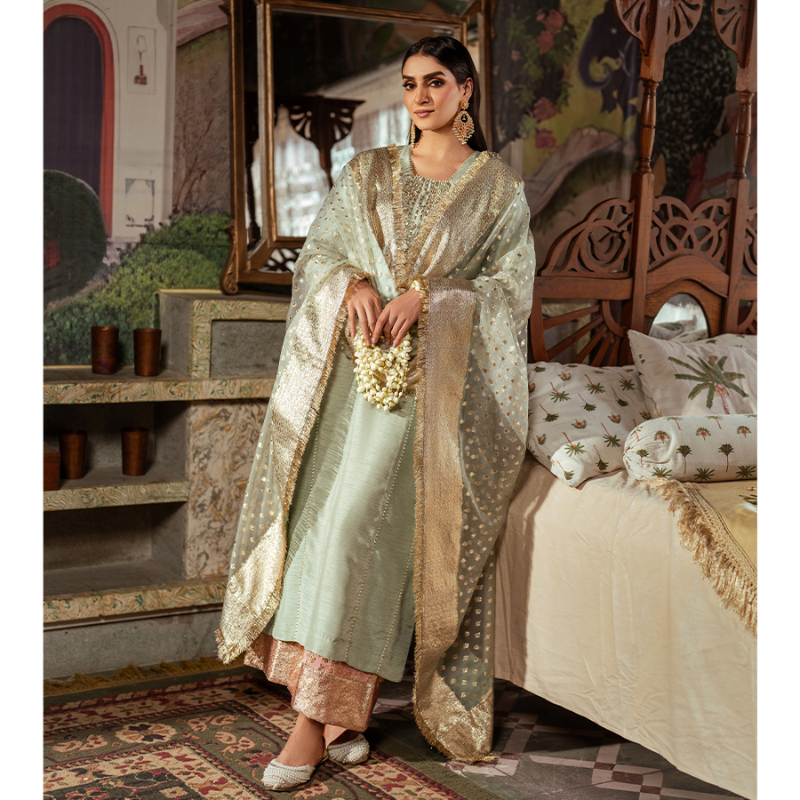 Pakistani Pistachio & Blush Embellished Korean Raw Silk Salwar Kameez (4-Piece) - Image 5