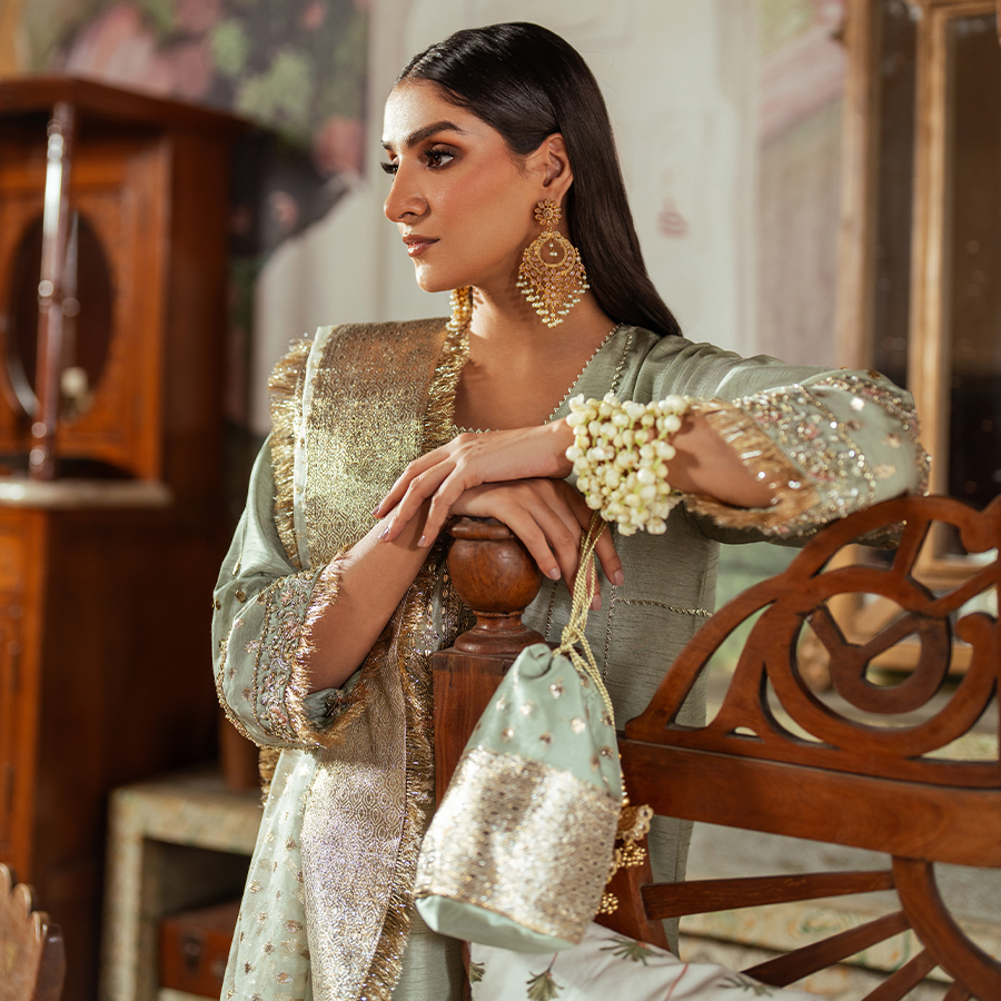 Pakistani Pistachio & Blush Embellished Korean Raw Silk Salwar Kameez (4-Piece) - Image 6